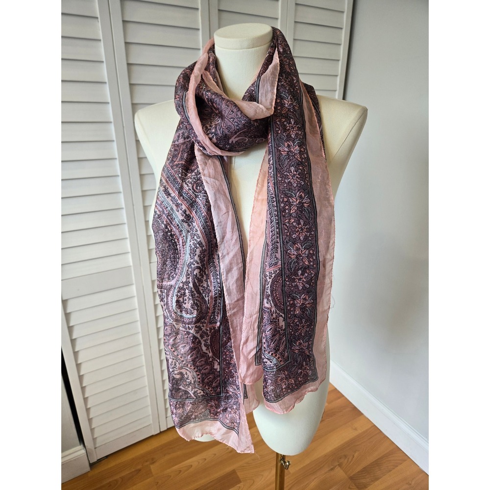 Bijoux Terner 100% Silk Scarf Pink Mauve Paisley Floral Print Long Wrap Airy